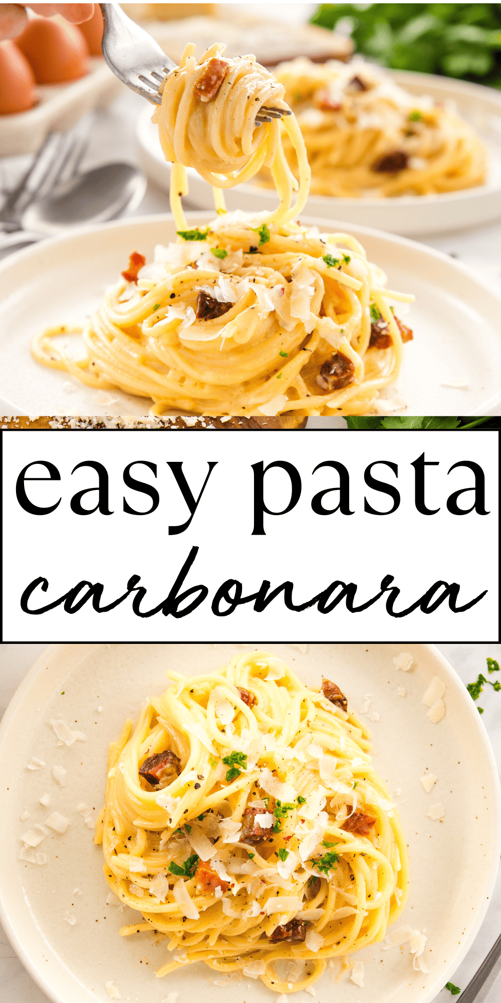 Learn how to make classic Italian Carbonara with this Easy Pasta Carbonara recipe. Made with basic ingredients, it's ultra rich and creamy, and it's on the table in under 30 minutes! Serve it with a side salad and you've got an easy and delicious dinner! Recipe from thebusybaker.ca! #pasta #carbonara #15minutes #easy #meal #dinner #supper #homemade #mealidea #mealplanning #mealprep #healthy #simple #easyrecipe #recipe #carbs #comfortfood #weeknightmeal #bacon #eggs via @busybakerblog