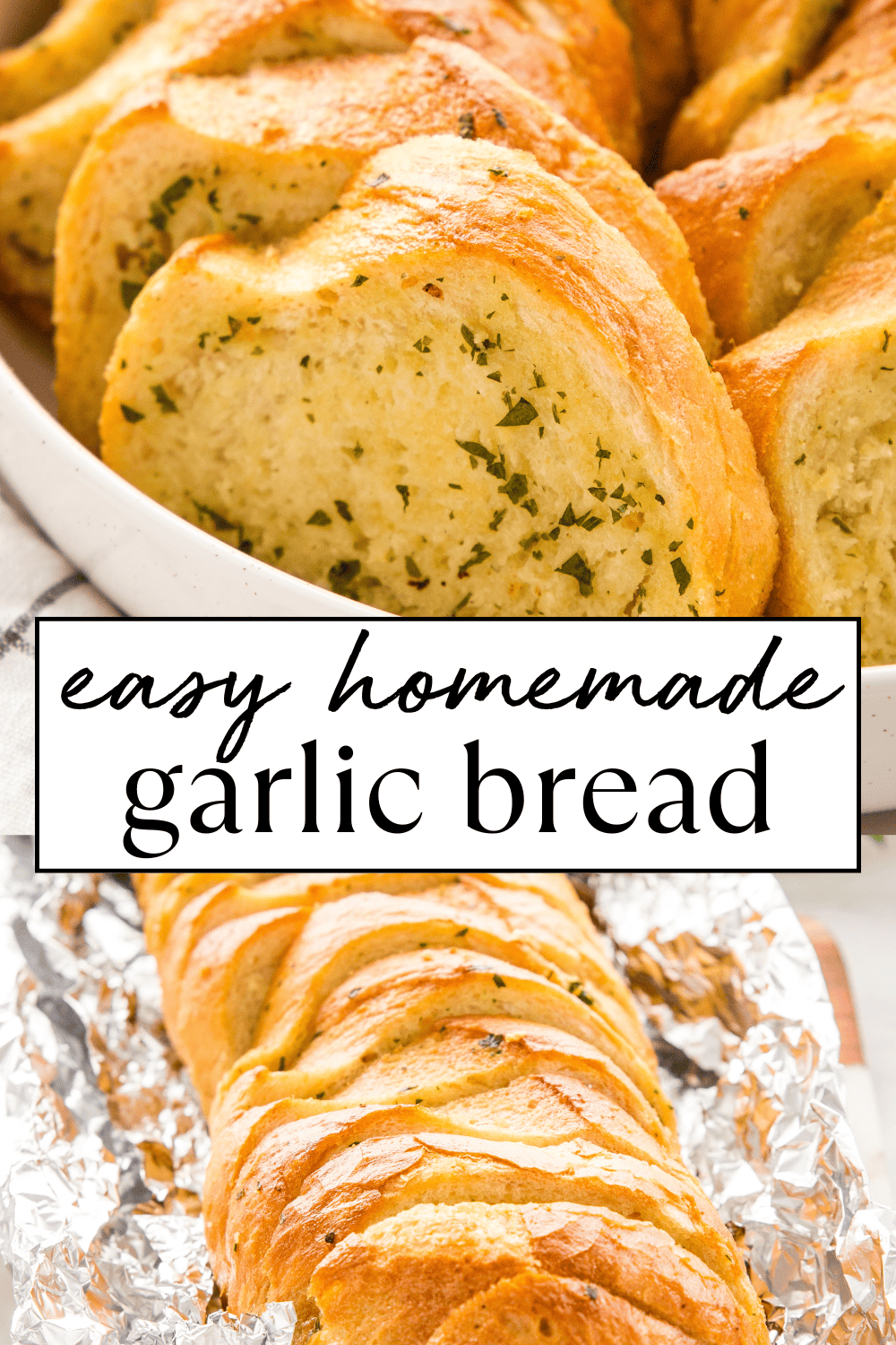 This Easy Homemade Garlic Bread recipe belongs on every family's table! Learn how to make garlic bread in the oven the easy way, with only 4 simple ingredients! Recipe from thebusybaker.ca! #garlic #bread #homemade #easy #recipe #italian #spaghetti #sidedish #garlicbread #homemadebread #oven #baked #herbs via @busybakerblog