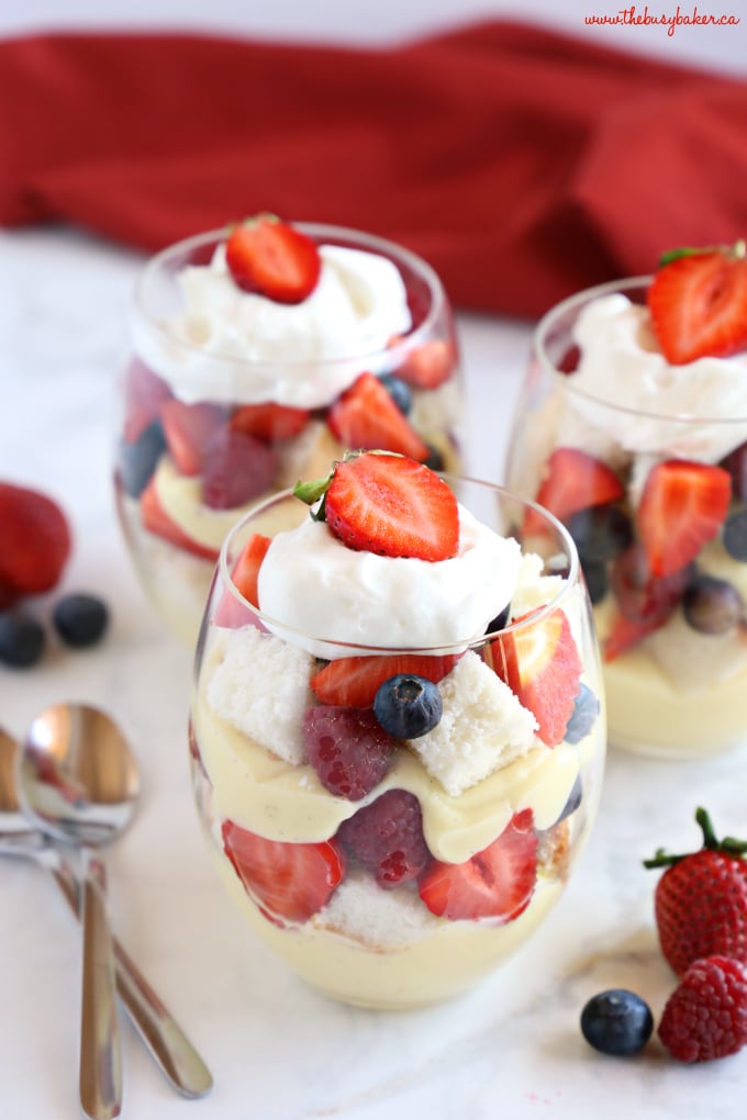 Vanilla Bean Angel Food Cake Trifles with Fresh Berries in wine glass