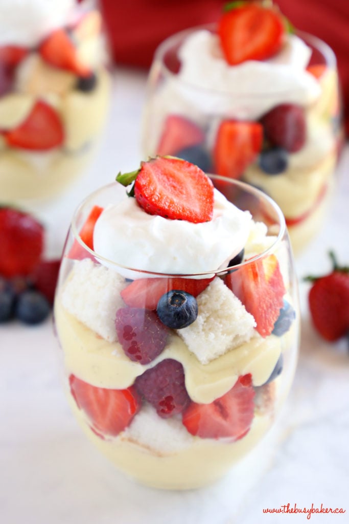 Vanilla Bean Angel Food Cake Trifles with Fresh Berries in stemless wine glass