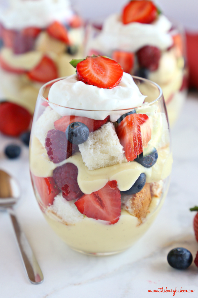 Vanilla Bean Angel Food Cake Trifles with Fresh Berries in stemless wine glass with spoon