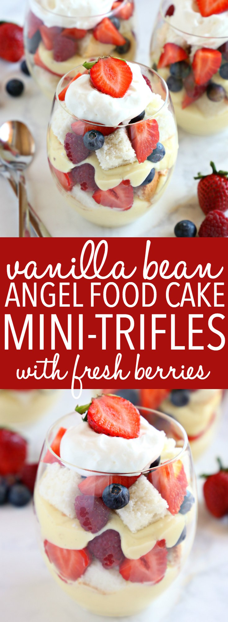 These Vanilla Bean Angel Food Cake Trifles with Fresh Berries are the perfect easy dessert for summer! Perfect for entertaining! Recipe from thebusybaker.ca! #angelfoodcake #cakerecipe #recipe #easy #summer #summerdessert #berries #fresh #homemade #fromscratch #trifle #minidessert #portioncontrol #light via @busybakerblog