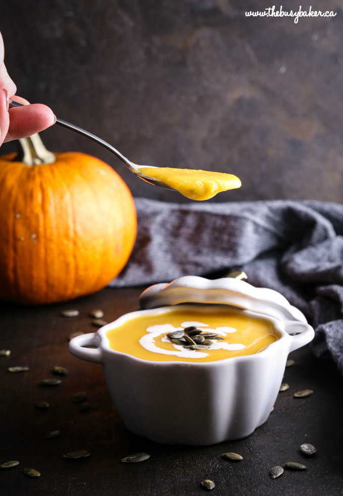 German-Style Pumpkin Soup on spoon dark food photography