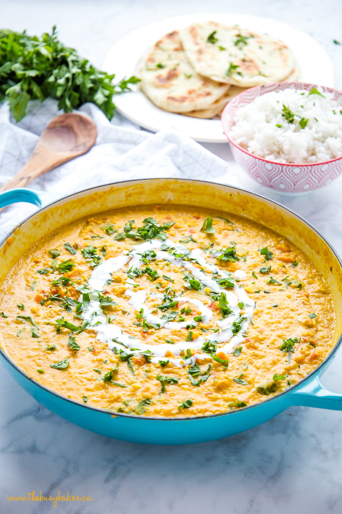 Easy One Pan Lentil Daal Curry in turquoise pan