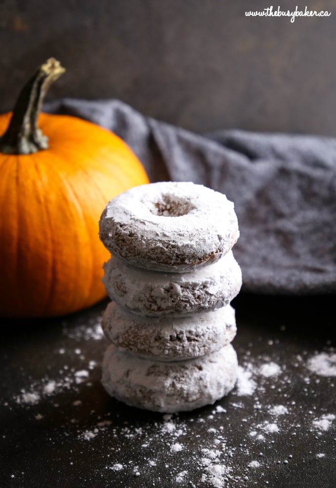 Pumpkin Spice Baked Donuts in powdered sugar