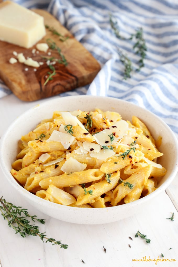 Creamy One Pot Butternut Squash Pasta with parmesan cheese and thyme