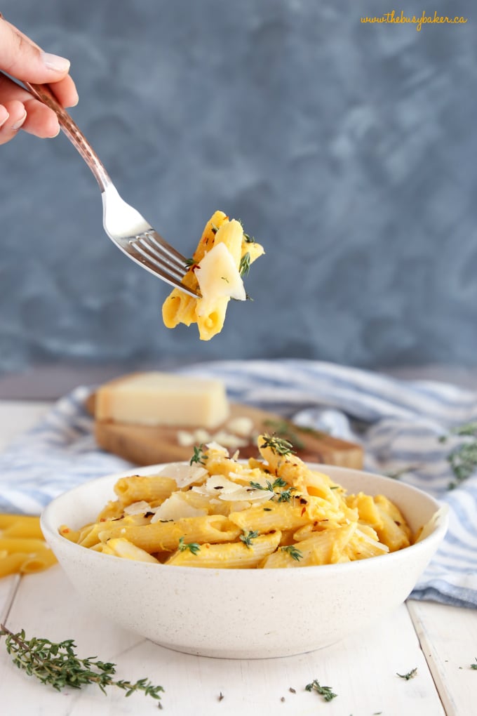 Creamy One Pot Butternut Squash Pasta in pasta bowl on fork