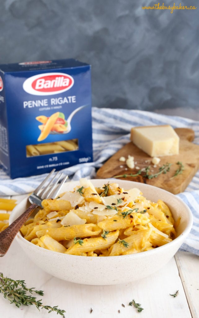 Creamy One Pot Butternut Squash Pasta in pasta bowl with parmesan cheese