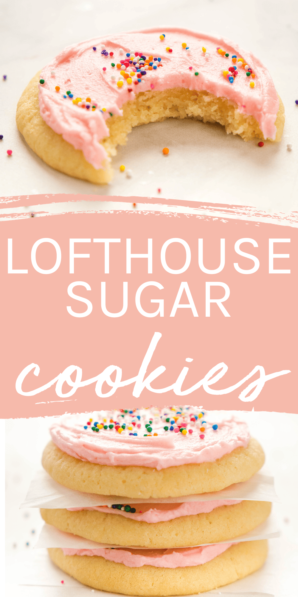 This Lofthouse Cookies recipe makes the best soft & chewy sugar cookies with an easy fluffy frosting and sprinkles. They're easy to make, with no rolling or chilling required! The BEST Lofthouse cookie recipe - with pro tips! Recipe from thebusybaker.ca! #lofthousecopycat #copycatrecipe #sugarcookies #sweets #frostedcookies #soft #chewy #homemade #holiday #Christmas #dessert #pink #birthday #swig #cookies #cookie #recipe #foodblog #easyrecipe #baking via @busybakerblog