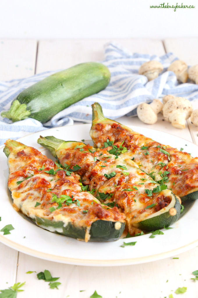 Easy Low Carb Pizza Stuffed Zucchini with mushrooms and cheese