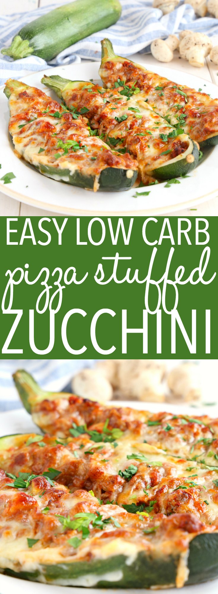 This Easy Low Carb Pizza Stuffed Zucchini is the perfect way to enjoy all those pizza flavours, without the carbs - make this healthy, family-friendly meal in minutes! Recipe from thebusybaker.ca! #keto #Lowcarb #diet #weightloss #fatloss #healthy #pizza #health #zucchini #veggie #family #meal #recipe #foodblog #italian sausage #cheese #quickandeasy via @busybakerblog