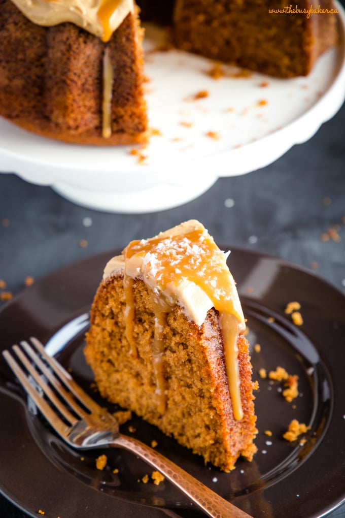 Best Ever Salted Caramel Pudding Cake with caramel sauce