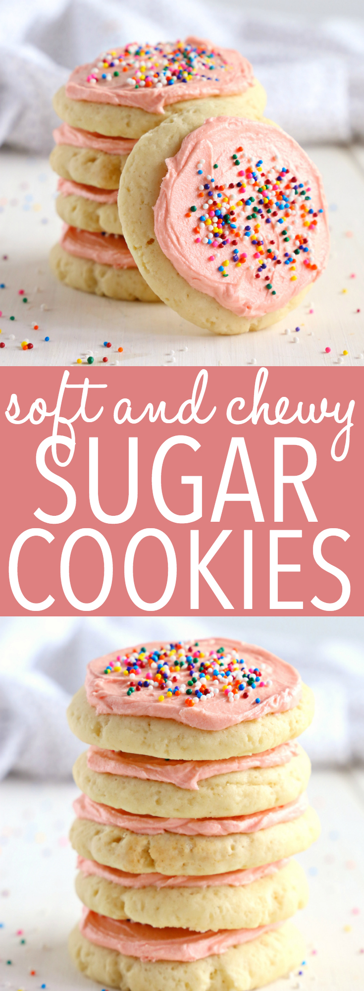 These Soft and Chewy Frosted Sugar Cookies are the perfect sweet treat that's easy to make and tastes just like your favourite Lofthouse sugar cookies! Recipe from thebusybaker.ca! #lofthousecopycat #copycatrecipe #sugarcookies #sweets #frostedcookies #soft #chewy #homemade #holiday #Christmas #dessert #pink #birthday #swig #cookies #cookie #recipe #foodblog #easyrecipe #baking via @busybakerblog