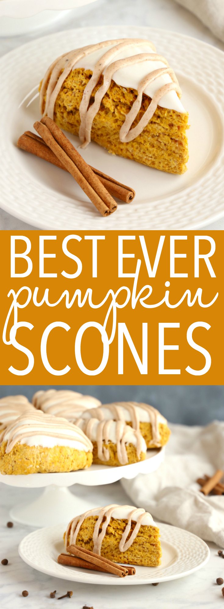 These Pumpkin Scones are everyone's favourite fall treat for pumpkin season! And they taste even better than Starbucks' Pumpkin Scones - moist and delicious! Recipe from thebusybaker.ca! #scones #pumpkin #pumpkinscones #fall #autumn #baking #recipe #starbucks #copycat #snack #dessert #treat #cake #homemade #coffee via @busybakerblog