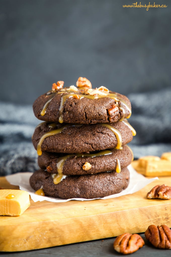 Chocolate Caramel Pecan Turtle Cookies with caramel sauce and pecans