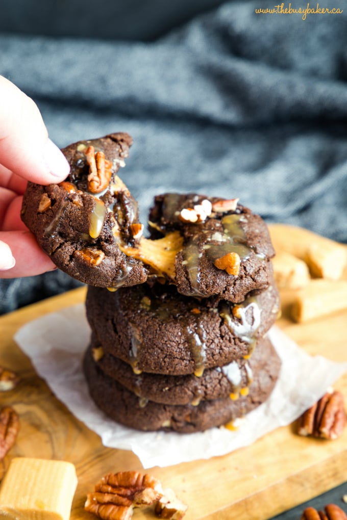 Chocolate Caramel Pecan Turtle Cookies with melted caramel