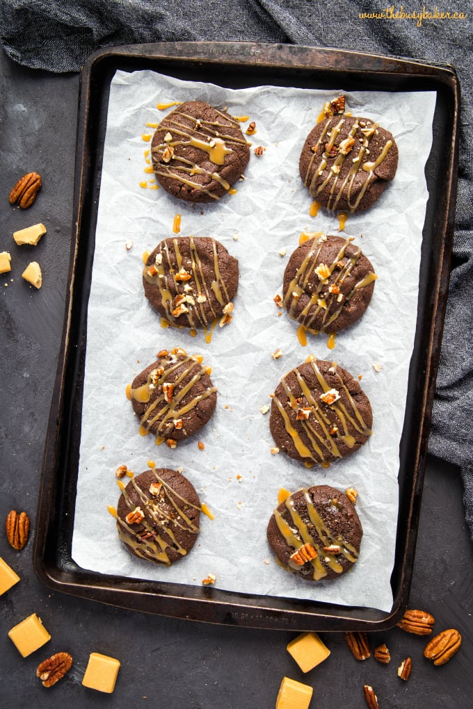 Chocolate Caramel Pecan Turtle Cookies on baking pan