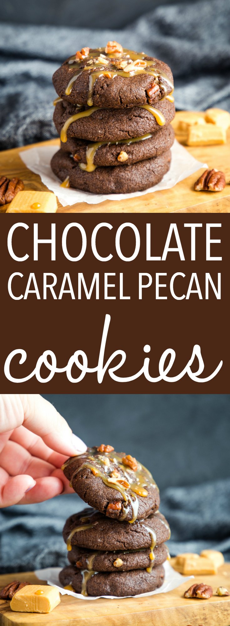 These Chocolate Caramel Pecan Turtle Cookies are the perfect indulgent dessert for caramel lovers! A tender, chewy chocolate cookie stuffed with melty caramel and chopped pecans - they're irresistible! Recipe from thebusybaker.ca! #cookies #cookie #chocolate #caramel #pecan #turtles #chocolates #candy #homemade #Christmas #ediblegifts #recipe #dessert #sweet #treat #foodblog #foodblogger via @busybakerblog