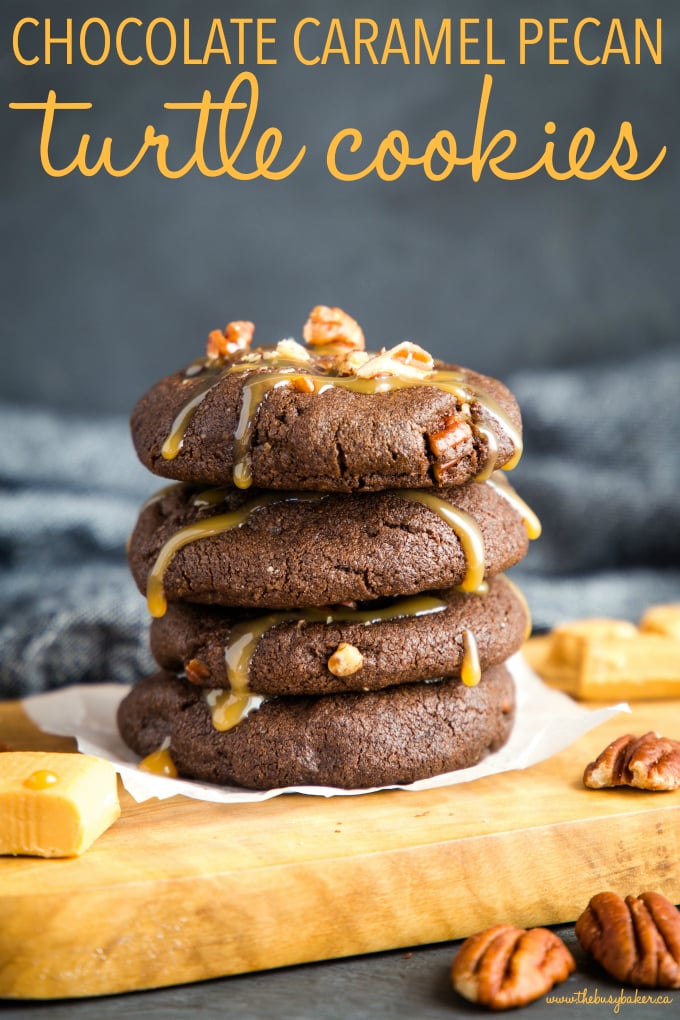 Chocolate Caramel Pecan Turtle Cookies in stack with caramel sauce and pecans