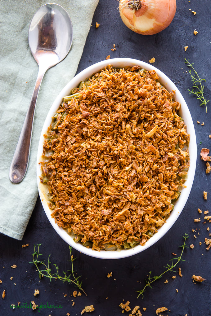 Easy Vegan Green Bean Casserole with green linens and thyme