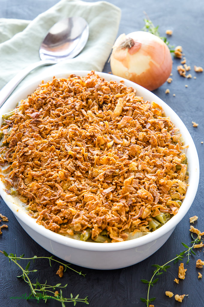 Easy Vegan Green Bean Casserole with onion and thyme