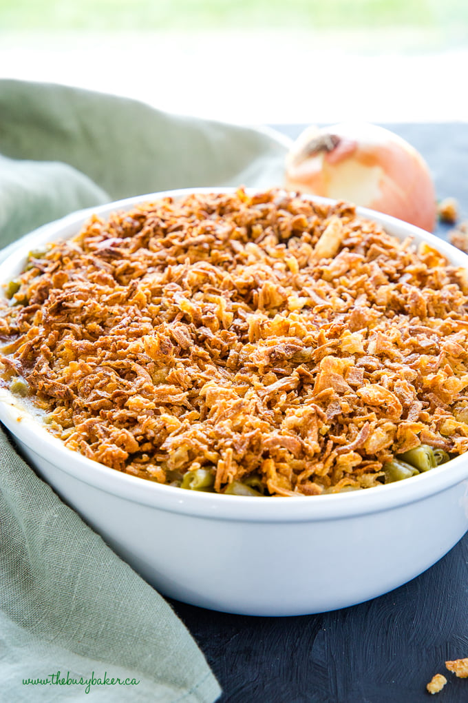 Easy Vegan Green Bean Casserole in white oval casserole dish