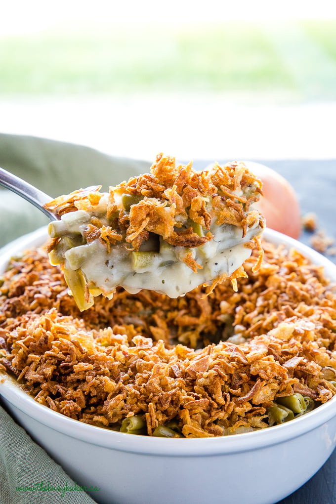 Easy Vegan Green Bean Casserole on serving spoon