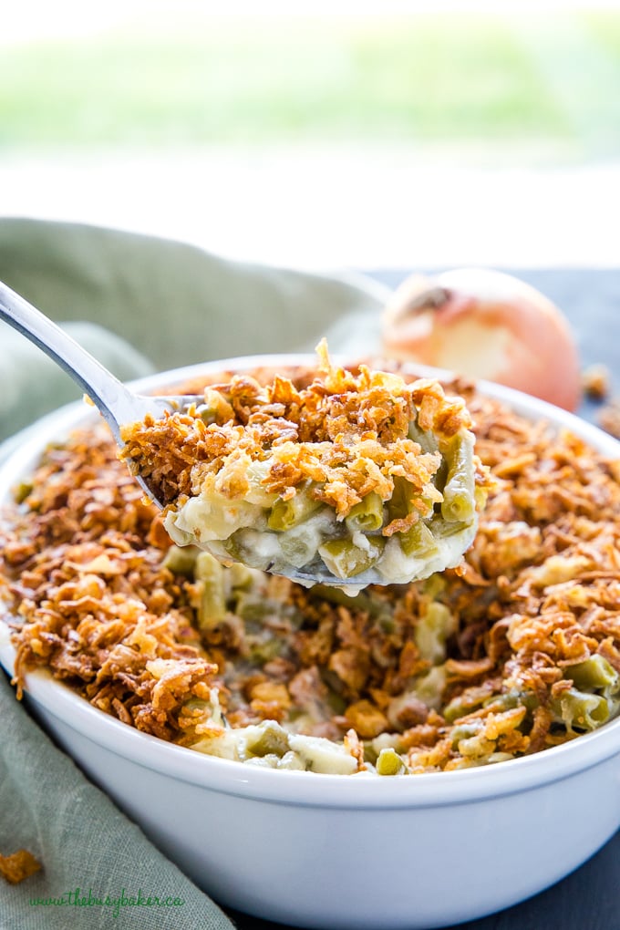 Easy Vegan Green Bean Casserole on serving spoon