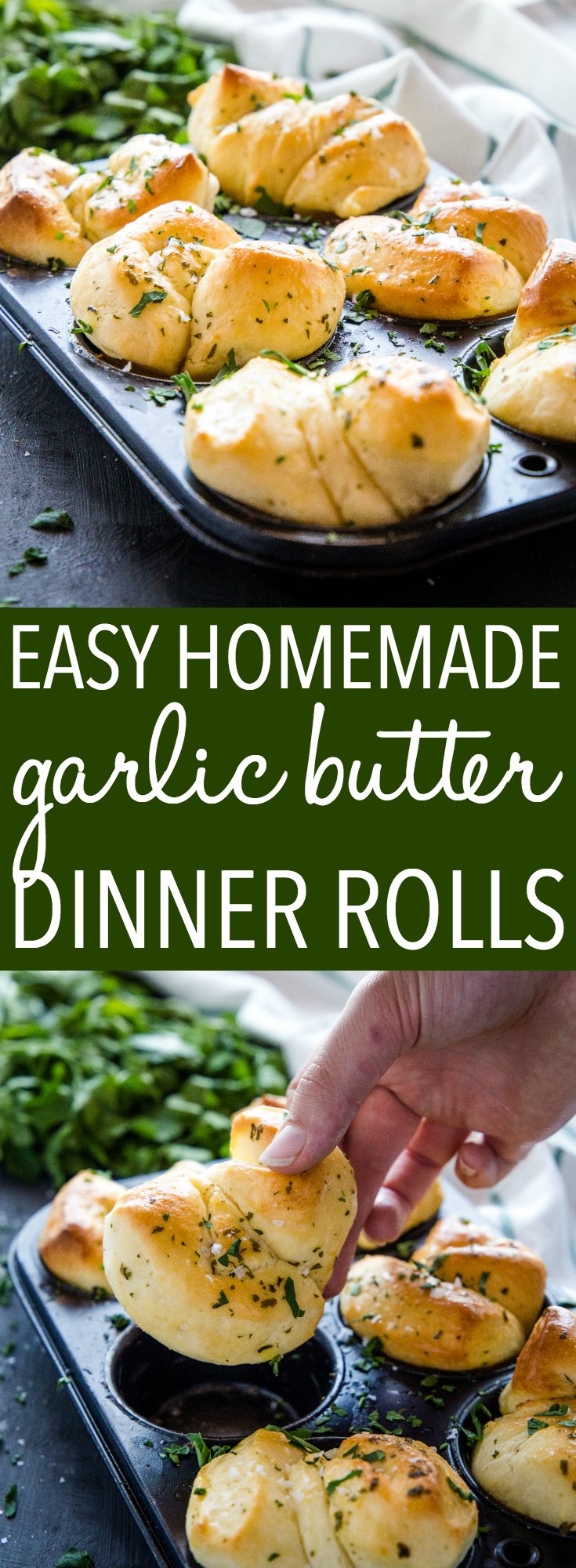 These Easy Homemade Garlic Butter Dinner Rolls are the perfect for your Sunday dinner or holiday table! Made from an simple dough, garlic butter and sea salt! Recipe from thebusybaker.ca! #dinnerrolls #thanksgiving #holiday #christmas #dinner #homemade #fromscratch #comfortfood #buns #garlic #butter #seasalt #garlicrolls #garlicknots via @busybakerblog