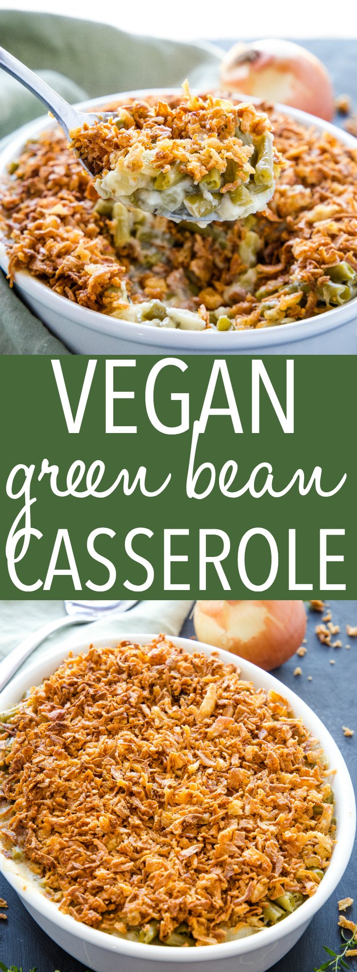 This Easy Vegan Green Bean Casserole is the BEST from-scratch classic Thanksgiving or Christmas side dish you'll ever taste! No canned soup and no dairy! Recipe from thebusybaker.ca! #thanksgiving #christmas #sidedish #dinner #familymeal #greenbeancasserole #winter #fall #comfortfood #casserole #holiday #recipe #foodblog #vegan #dairyfree #healthy via @busybakerblog