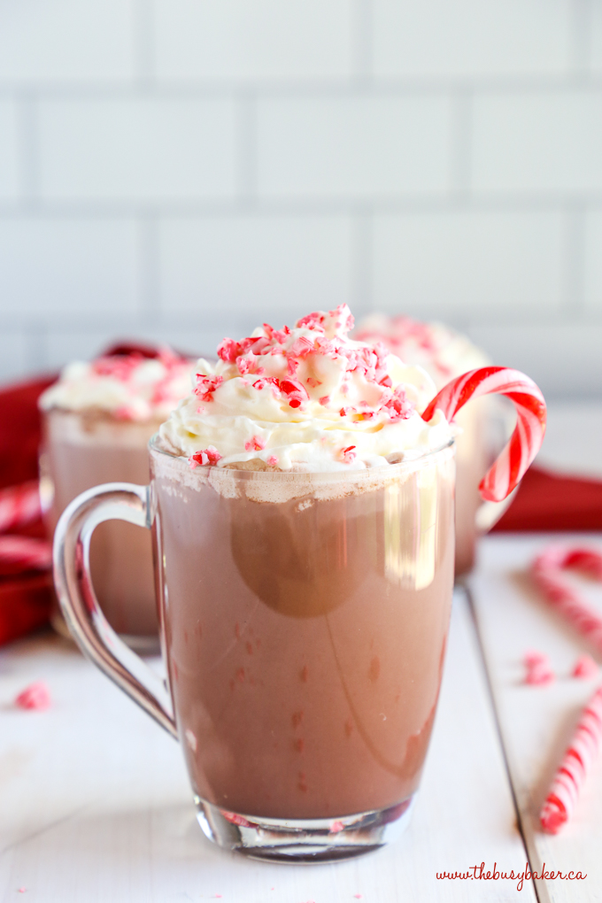 Healthier Slow Cooker Peppermint Hot Chocolate in glass mug