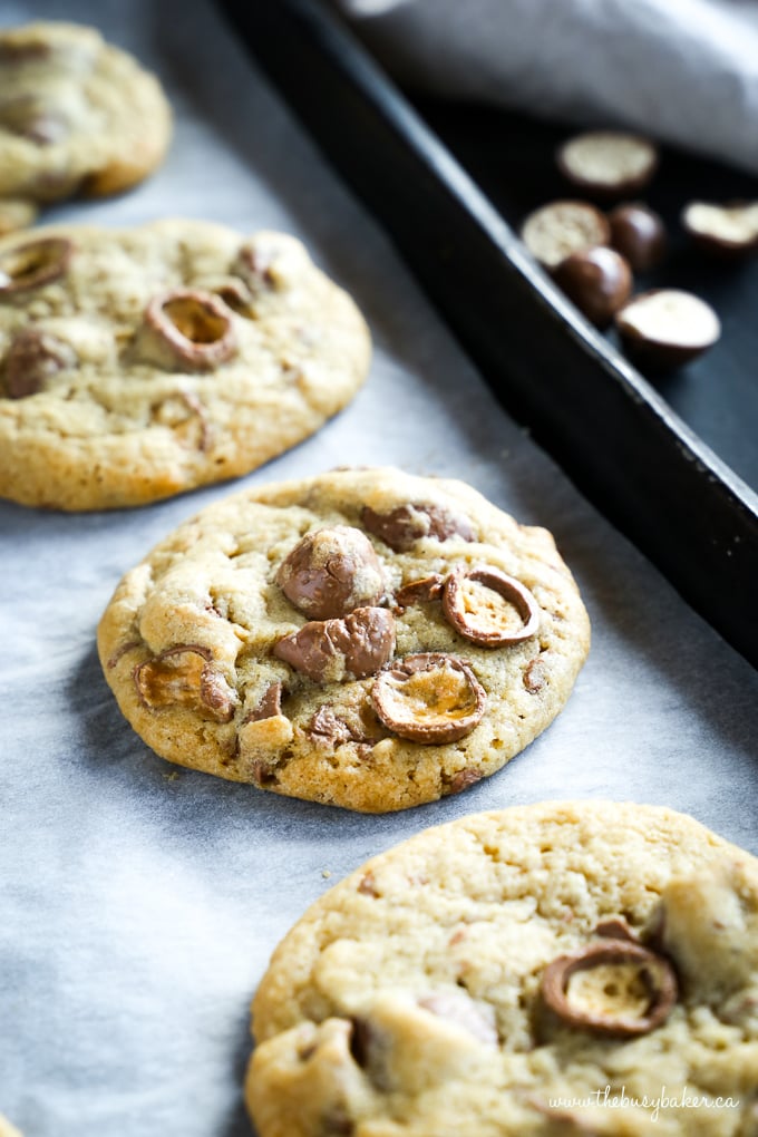 Maltesers Chocolate Chip Cookies on cookie pan