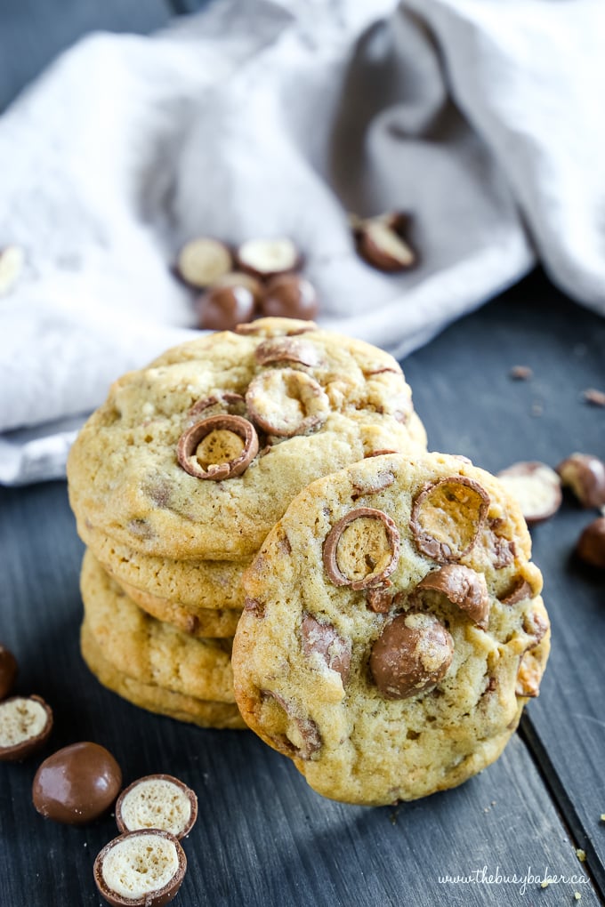 Maltesers Chocolate Chip Cookies in stack