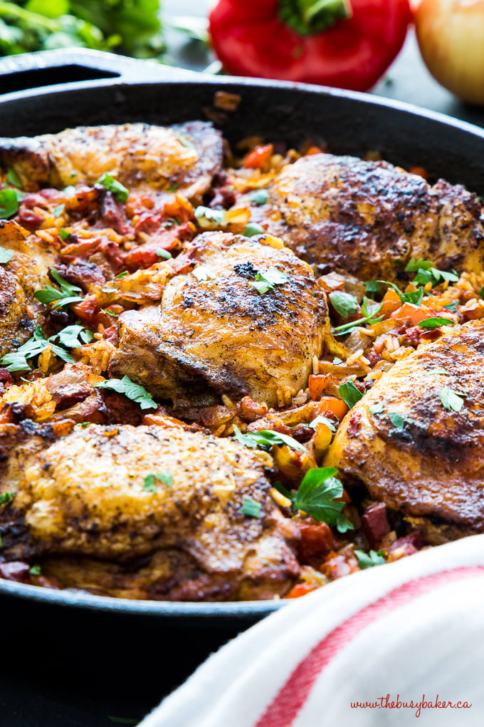 One Pan Spanish-Style Chicken and Rice in cast iron skillet