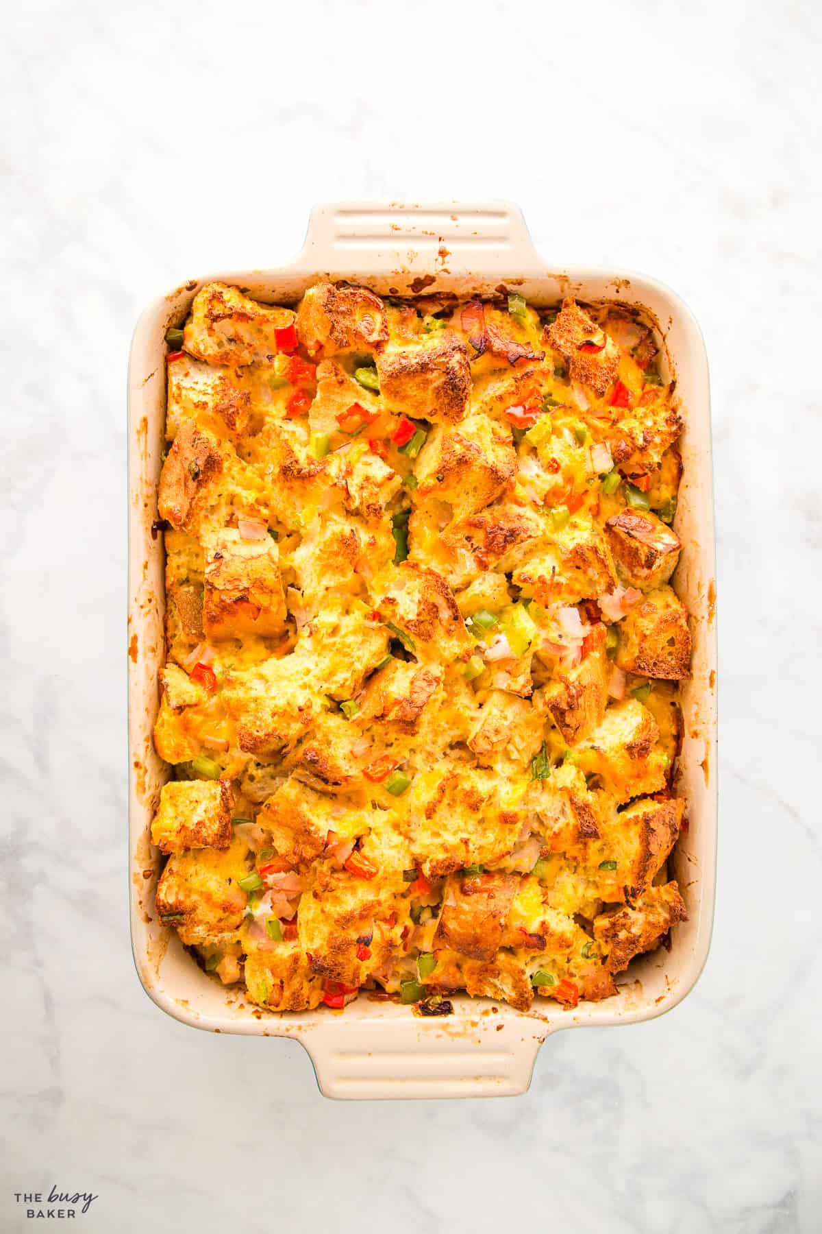 overhead image: breakfast casserole in a baking dish