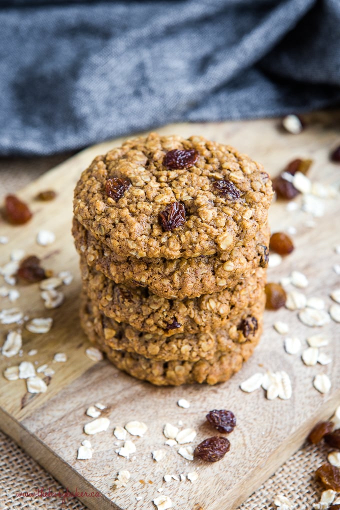 Soft and Chewy Oatmeal Raisin Cookies in stack