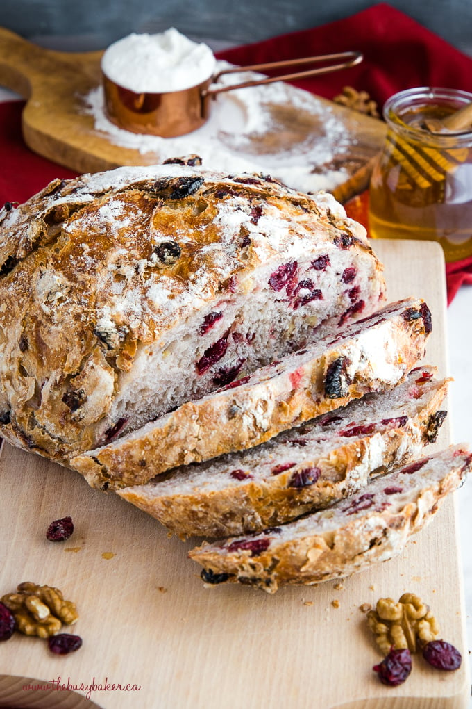 No-Knead Cranberry Honey Walnut Artisan Bread