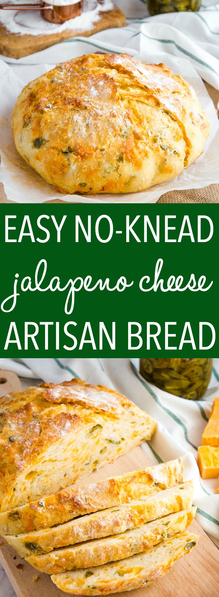 This Easy No Knead Jalapeno Cheese Artisan Bread is the BEST savoury bread for sandwiches! It's packed with spicy pickled jalapeños and real cheddar cheese! Recipe from thebusybaker.ca! #cheese #jalapeno #bread #noknead #artisan #bakery #dutchoven #easyrecipe #recipe #comfortfood via @busybakerblog