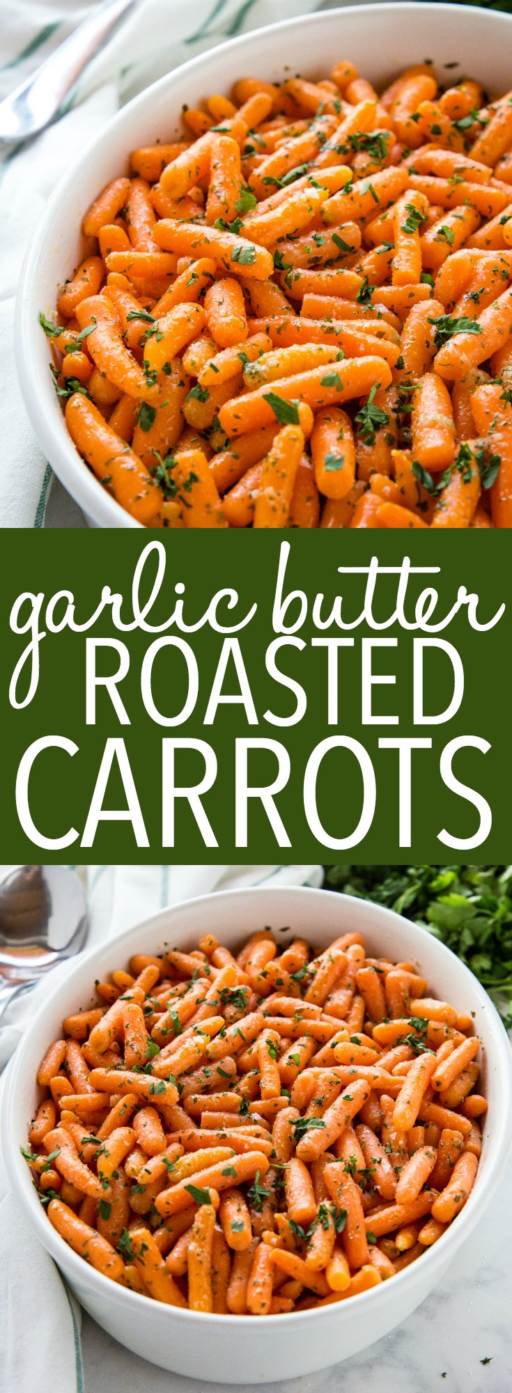 These Garlic Butter Roasted Carrots make the perfect holiday side dish for your Christmas or Thanksgiving dinner! They're on the table in 30 minutes or less with only 4 ingredients! Recipe from thebusybaker.ca! #thanksgiving #christmas #holiday #dinner #sidedish #easysidedish #vegetarian #vegan #butter #roasted #carrots #vegetables #recipe via @busybakerblog