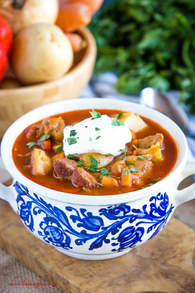 Homemade Hungarian Goulash Soup in Hungarian pottery bowl