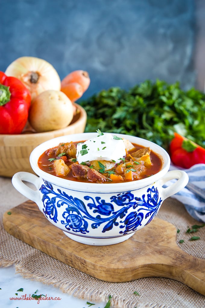 Homemade Hungarian Goulash Soup in blue pottery bowl