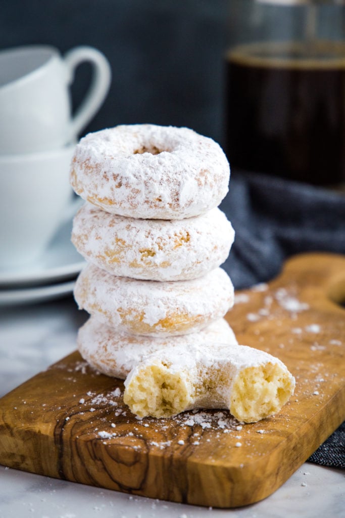 Old Fashioned Powdered Sugar Donuts with coffee