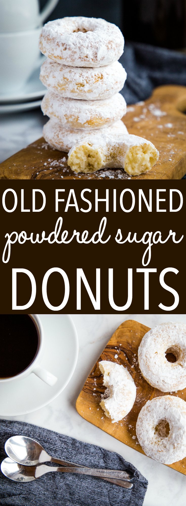 These Old Fashioned Powdered Sugar Donuts are a delicious treat that's easy to make and much lower in fat than coffee shop donuts! Under 100 calories each! Recipe from thebusybaker.ca! #donuts #baked #notfried #treat #sweet #lowfat #healthy #easytomake #dessert #baking #muffins #doughnuts via @busybakerblog