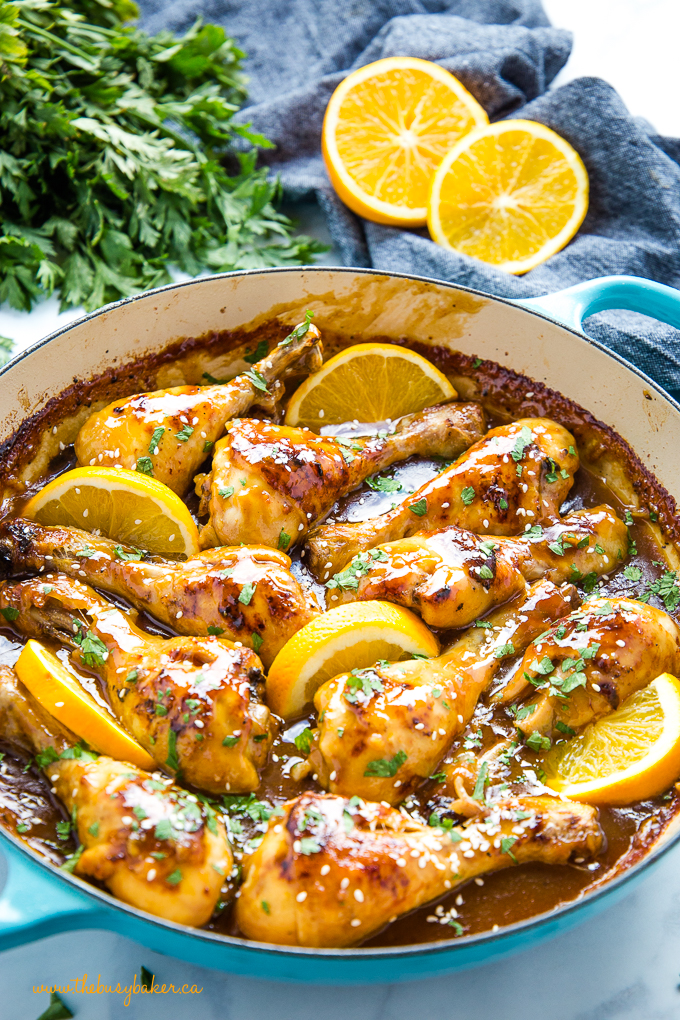 Easy One Pan Orange Ginger Chicken in blue cast iron pan