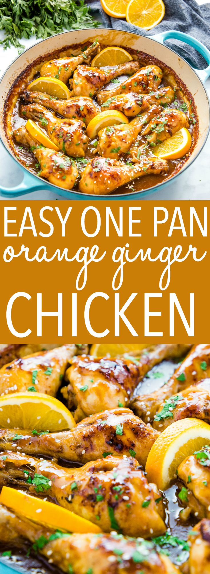 This Easy One Pan Orange Ginger Chicken is a delicious weeknight meal idea - a sticky sweet sauce over tender chicken with fresh orange and ginger! Recipe from thebusybaker.ca! #orangechicken #gingerchicken #orange #ginger #chicken #onepan #easymeal #weeknightmeal #chickenrecipe #lecreuset #healthy #oven #roastedchicken via @busybakerblog