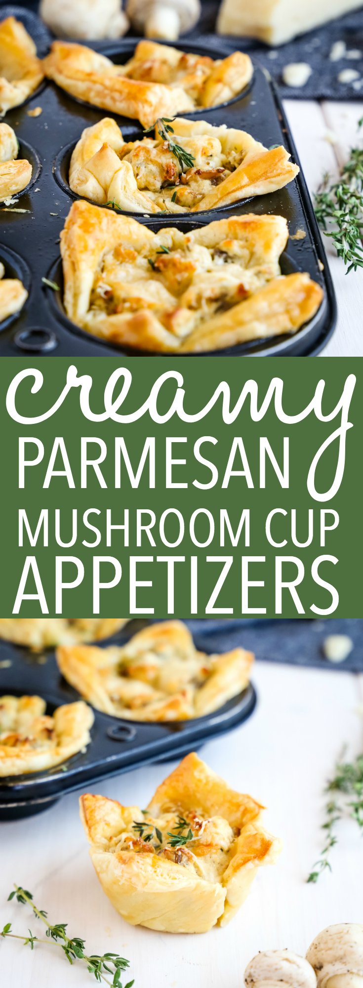 These Creamy Parmesan Mushroom Cup Appetizers are the perfect finger food for New Years Eve and holiday parties. They're easy to make and perfectly savory! Recipe from thebusybaker.ca! #appetizer #mushrooms #puffpastry #newyearseve #holiday #newyears via @busybakerblog