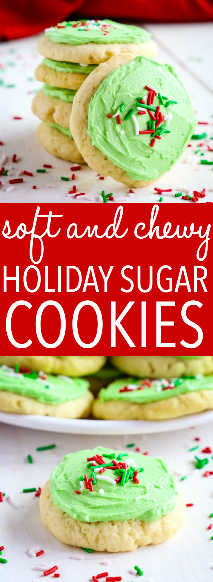 These Soft and Chewy Christmas Frosted Sugar Cookies are the perfect sweet treat that's easy to make and tastes just like your favourite Lofthouse sugar cookies! Recipe from thebusybaker.ca! #cookies #christmas #sugarcookies #frostedcookies #holiday #thanksgiving #christmascookies #sprinkles #christmascraft #easyrecipe #easychristmasrecipe via @busybakerblog