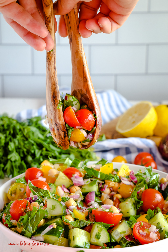Easy Mediterranean Chickpea Salad in olive wood salad spoons