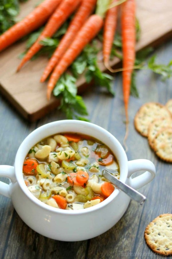 bowl of homemade chicken noodle soup made with rotisserie chicken