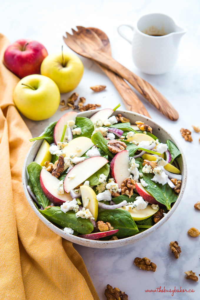 Apple Walnut Spinach Salad with Balsamic Vinaigrette with olive wood salad servers